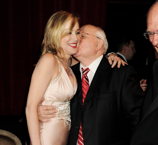 But even Mikhail Gorbachev is not immune to the charms of beauties, and he looked delighted at the chance to plant a kiss on Sharon Stone