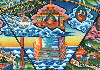 Индра во дворце в своём городе Амаравати на касающейся облаков вершине горы Меру
